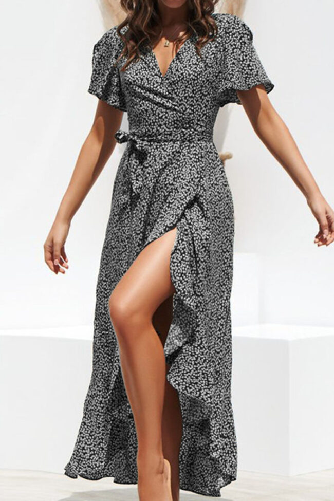 Fashion Sexy Print Split Joint V Neck Irregular Dresses