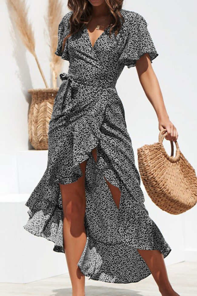 Fashion Sexy Print Split Joint V Neck Irregular Dresses