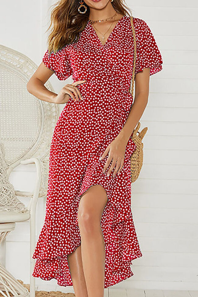 Fashion Sexy Print Split Joint V Neck Irregular Dresses