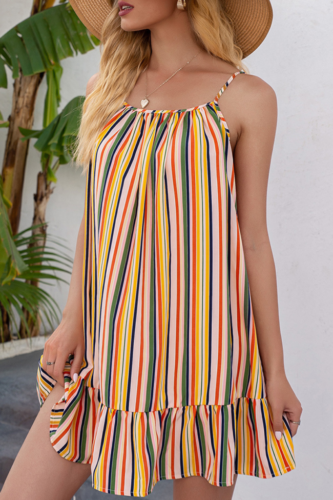 Sweet Striped Patchwork Flounce Spaghetti Strap A Line Dresses