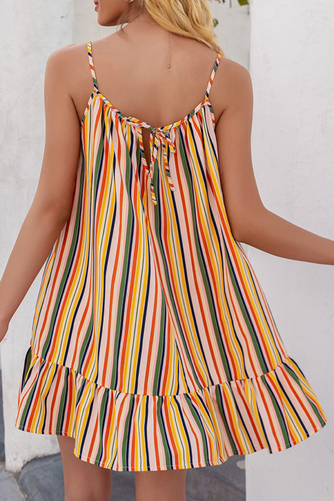 Sweet Striped Patchwork Flounce Spaghetti Strap A Line Dresses