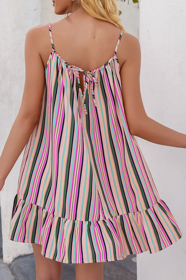 Sweet Striped Patchwork Flounce Spaghetti Strap A Line Dresses