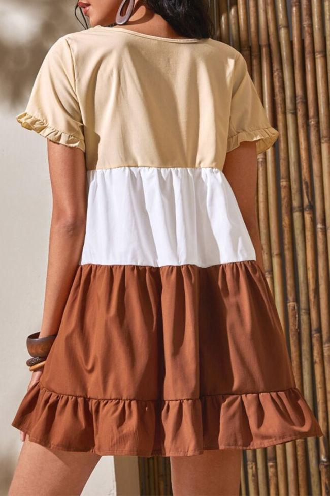 Sweet Color Block Split Joint Contrast O Neck Pleated Dresses