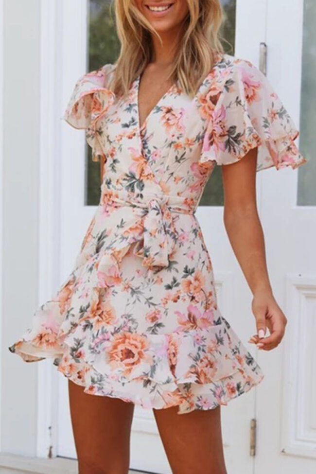 Fashion Street Print Frenulum V Neck Printed Dresses