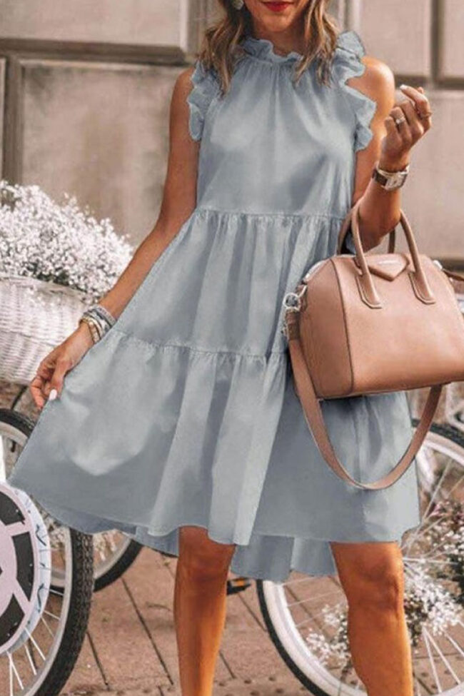 Fashion Sweet Solid Split Joint Flounce O Neck A Line Dresses