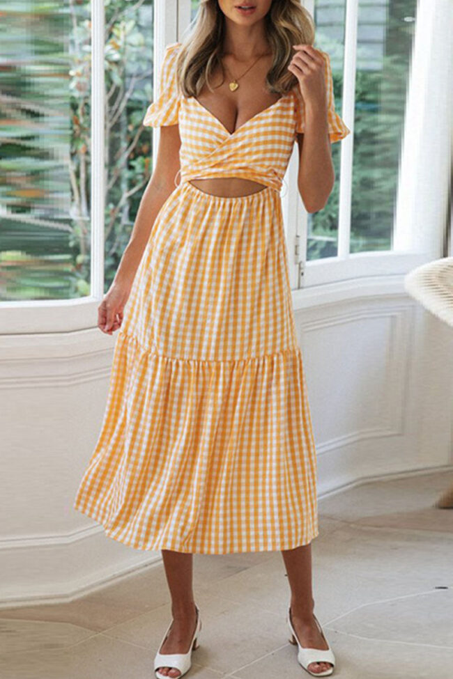 Fashion Sexy Plaid Split Joint V Neck A Line Dresses