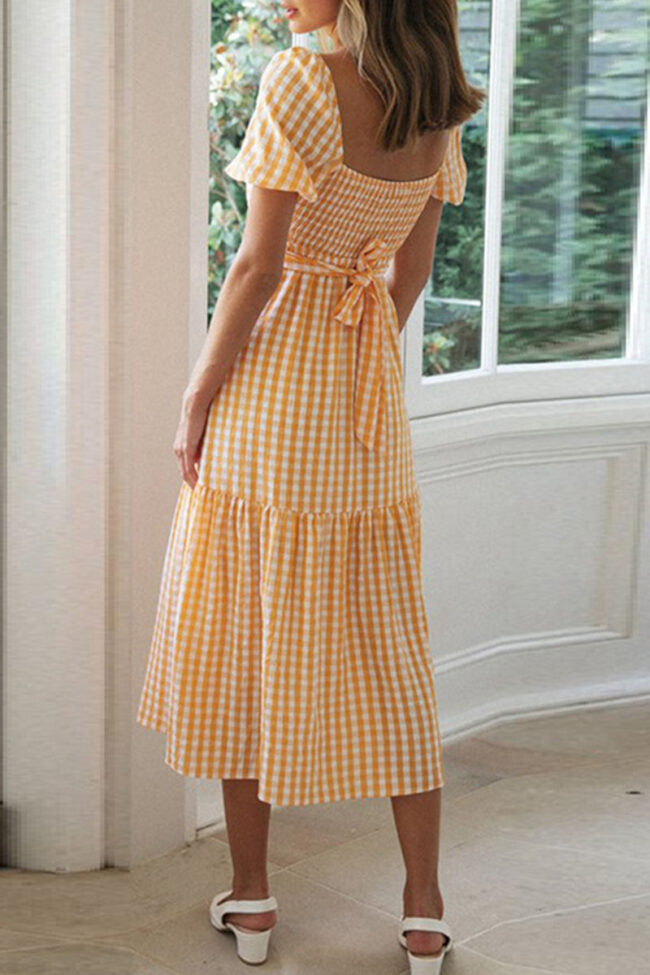 Fashion Sexy Plaid Split Joint V Neck A Line Dresses