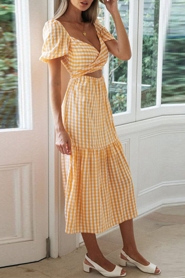 Fashion Sexy Plaid Split Joint V Neck A Line Dresses