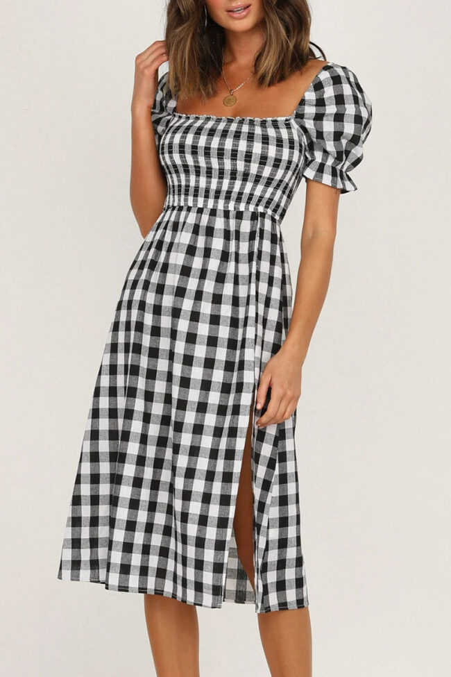 Elegant Plaid Split Joint Slit Square Collar Waist Skirt Dresses