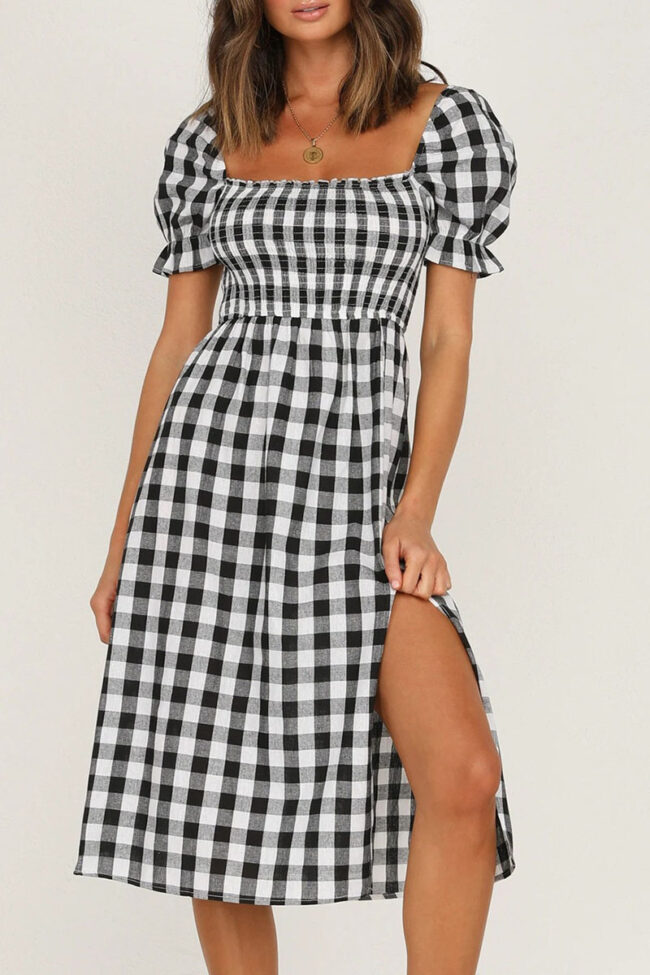 Elegant Plaid Split Joint Slit Square Collar Waist Skirt Dresses