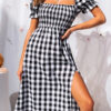 Elegant Plaid Split Joint Slit Square Collar Waist Skirt Dresses