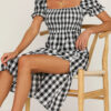 Elegant Plaid Split Joint Slit Square Collar Waist Skirt Dresses