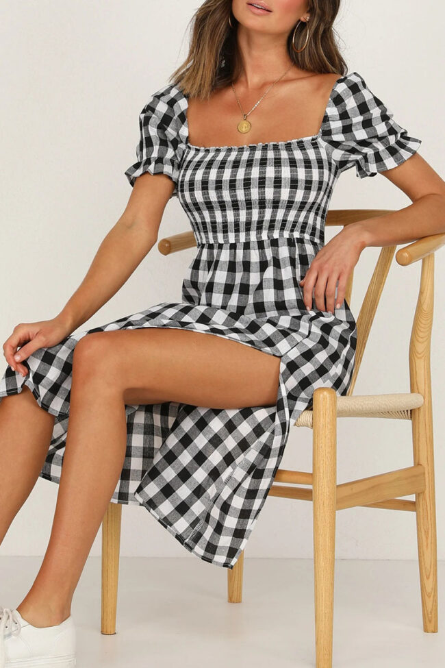 Elegant Plaid Split Joint Slit Square Collar Waist Skirt Dresses