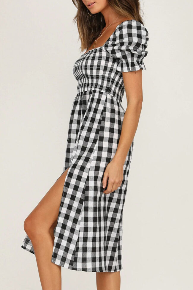 Elegant Plaid Split Joint Slit Square Collar Waist Skirt Dresses