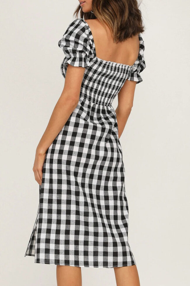 Elegant Plaid Split Joint Slit Square Collar Waist Skirt Dresses