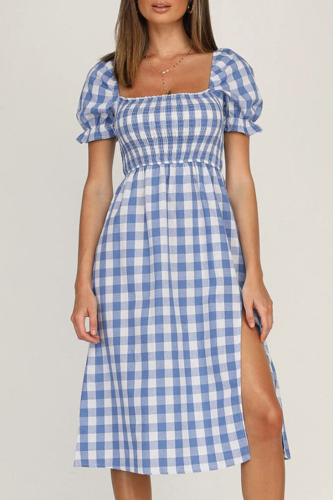 Elegant Plaid Split Joint Slit Square Collar Waist Skirt Dresses