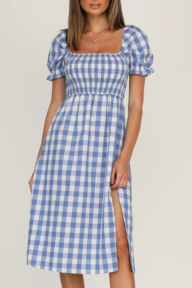 Elegant Plaid Split Joint Slit Square Collar Waist Skirt Dresses