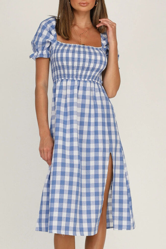 Elegant Plaid Split Joint Slit Square Collar Waist Skirt Dresses