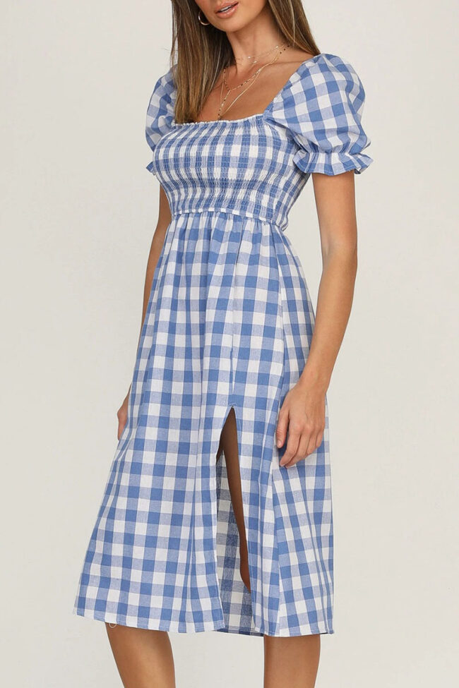 Elegant Plaid Split Joint Slit Square Collar Waist Skirt Dresses