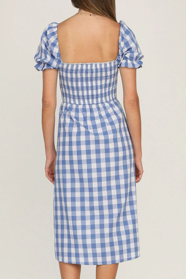 Elegant Plaid Split Joint Slit Square Collar Waist Skirt Dresses