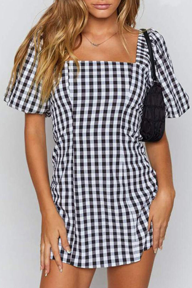 Sexy Plaid Split Joint Square Collar One-piece Suits Dresses