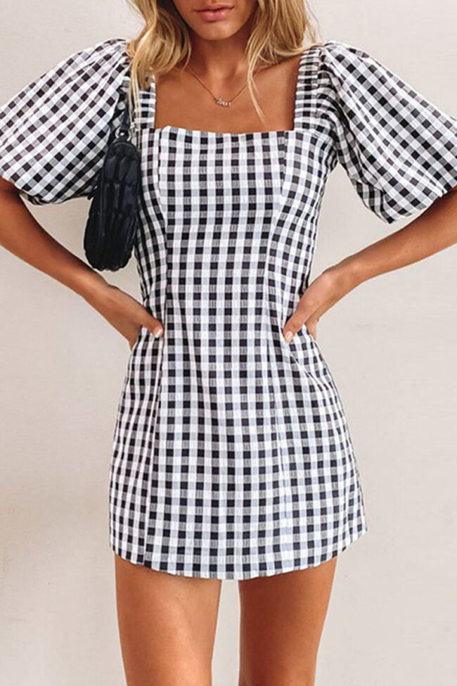 Sexy Plaid Split Joint Square Collar One-piece Suits Dresses