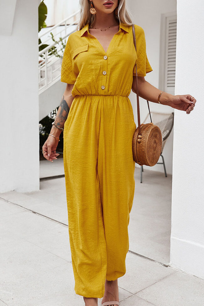 Fashion Street Solid Turndown Collar Loose Jumpsuits