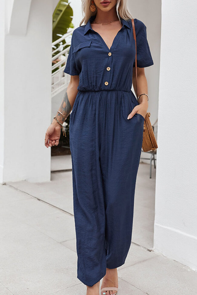 Fashion Street Solid Turndown Collar Loose Jumpsuits