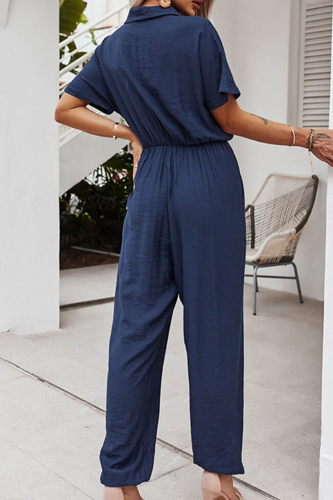 Fashion Street Solid Turndown Collar Loose Jumpsuits