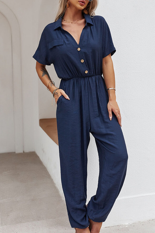 Fashion Street Solid Turndown Collar Loose Jumpsuits