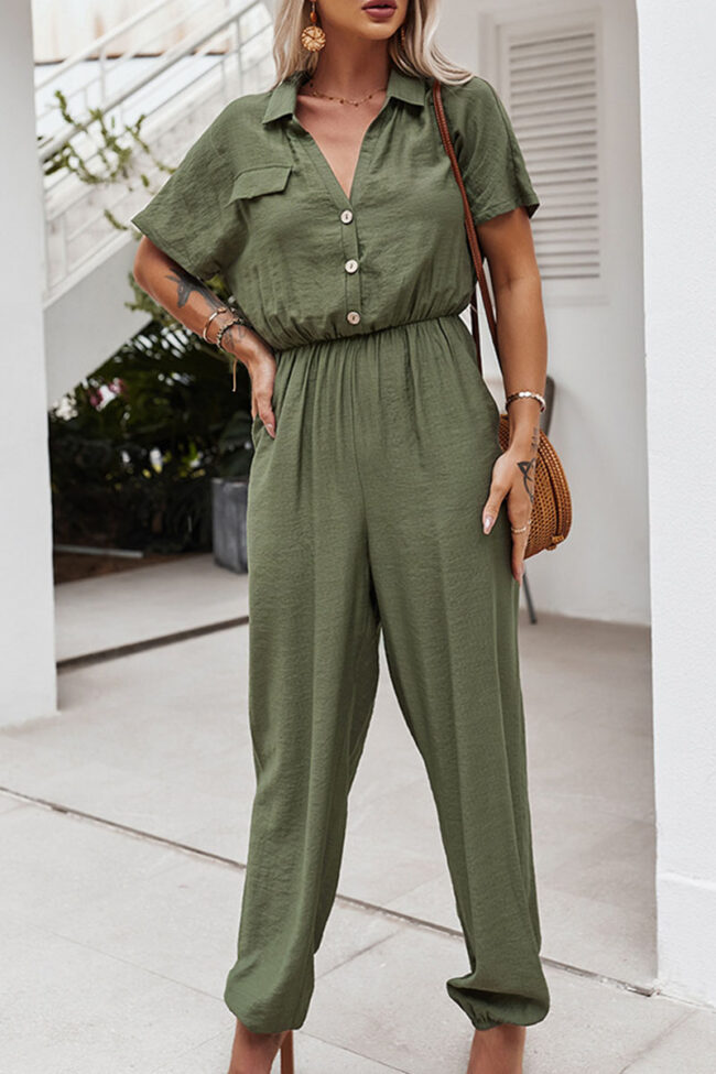 Fashion Street Solid Turndown Collar Loose Jumpsuits