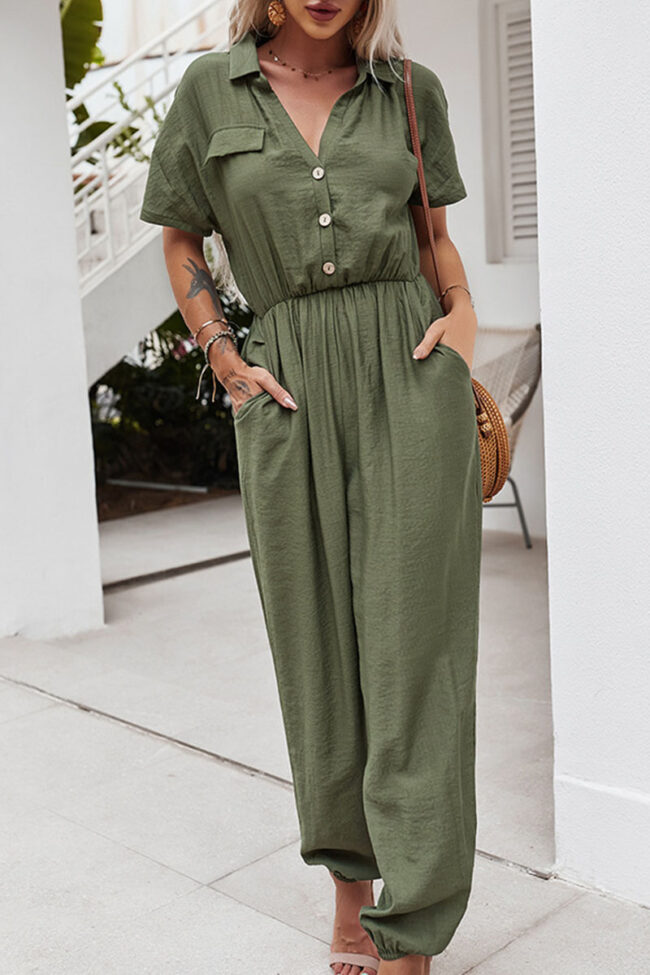 Fashion Street Solid Turndown Collar Loose Jumpsuits