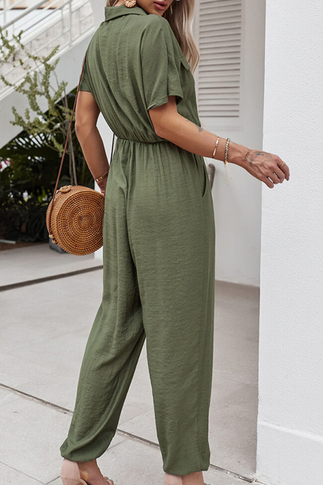 Fashion Street Solid Turndown Collar Loose Jumpsuits