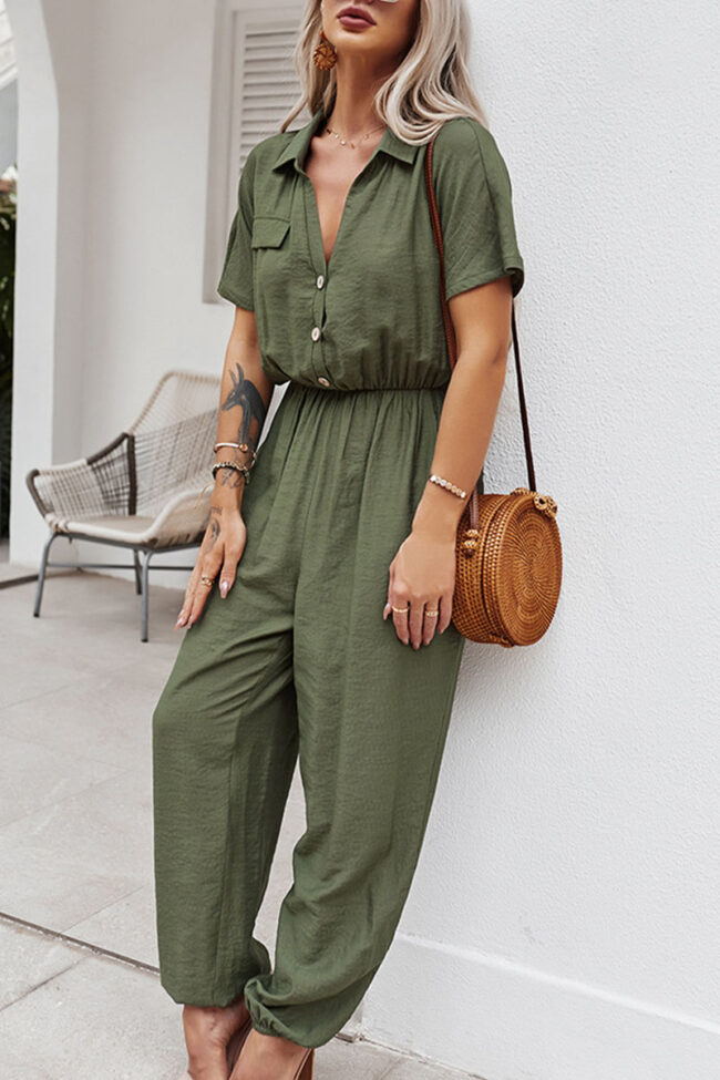 Fashion Street Solid Turndown Collar Loose Jumpsuits