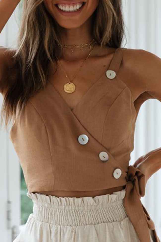 Sexy Solid Bandage Buckle V Neck Tops