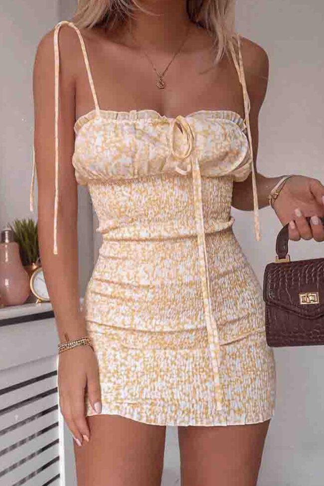 Sweet Print Split Joint Spaghetti Strap Wrapped Skirt Dresses