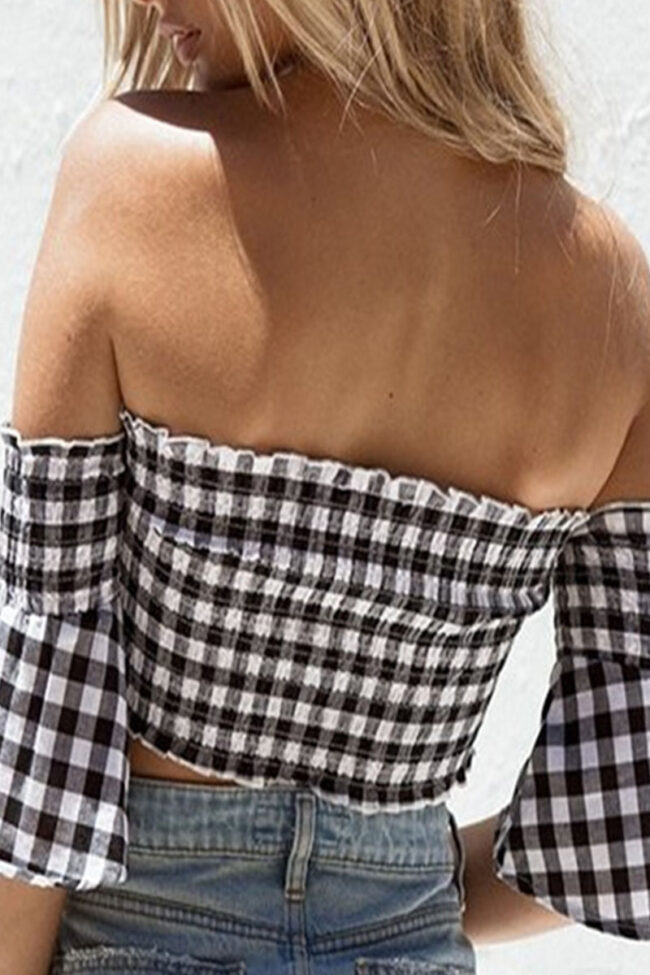 Fashion Casual Plaid Fold Off the Shoulder Tops