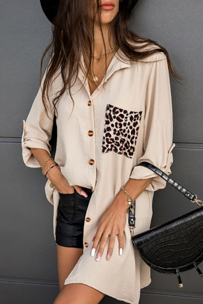 Fashion Street Leopard Split Joint Turndown Collar Tops