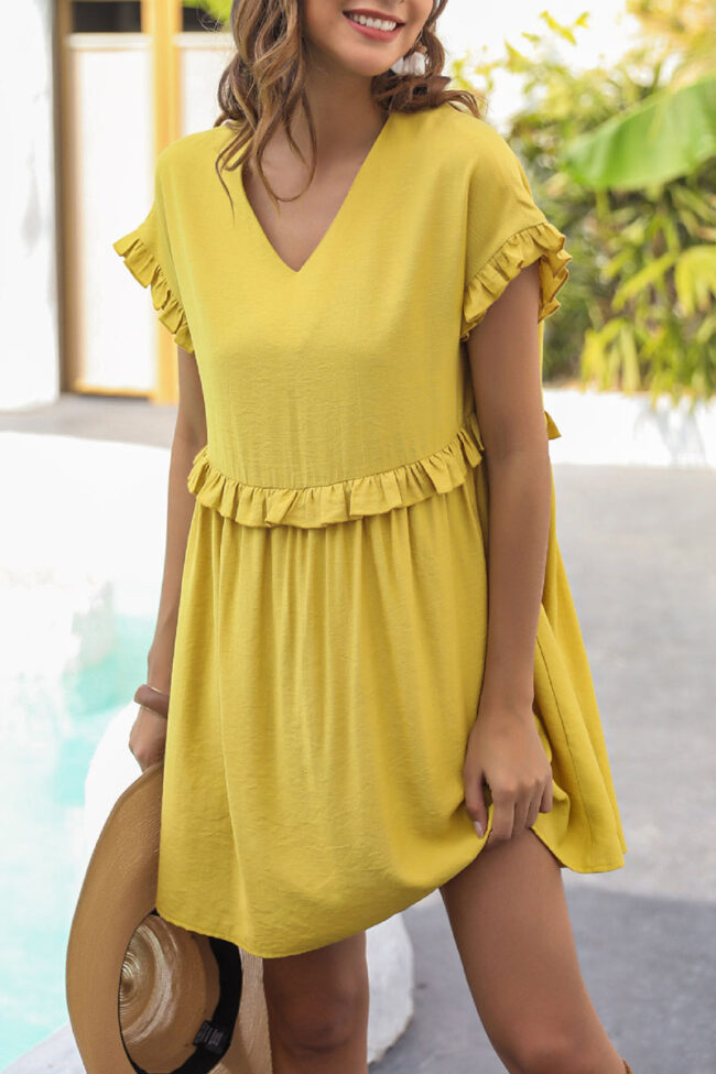 Fashion Street Solid Split Joint V Neck Pleated Dresses