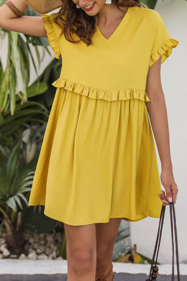 Fashion Street Solid Split Joint V Neck Pleated Dresses