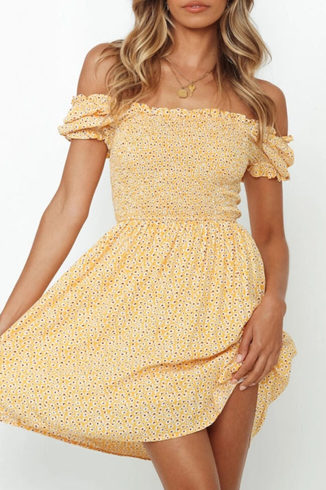 Fashion Sweet Print Split Joint Off the Shoulder A Line Dresses