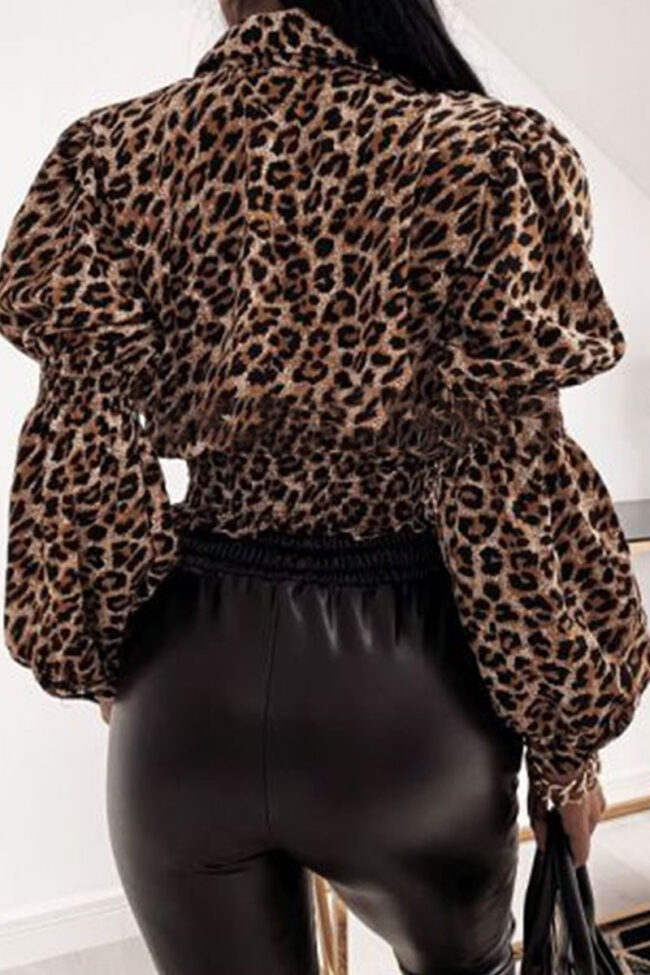 Fashion Street Leopard Split Joint Turndown Collar Tops