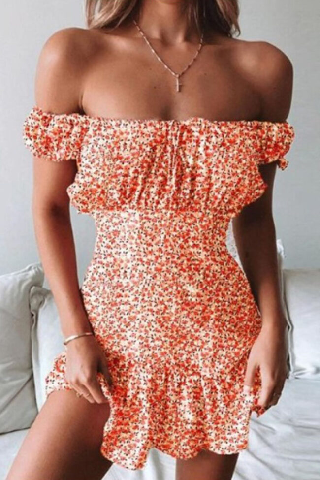 Fashion Sweet Print Split Joint Off the Shoulder A Line Dresses
