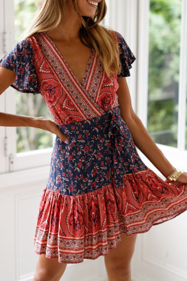 Fashion Sexy Print Split Joint V Neck Printed Dresses