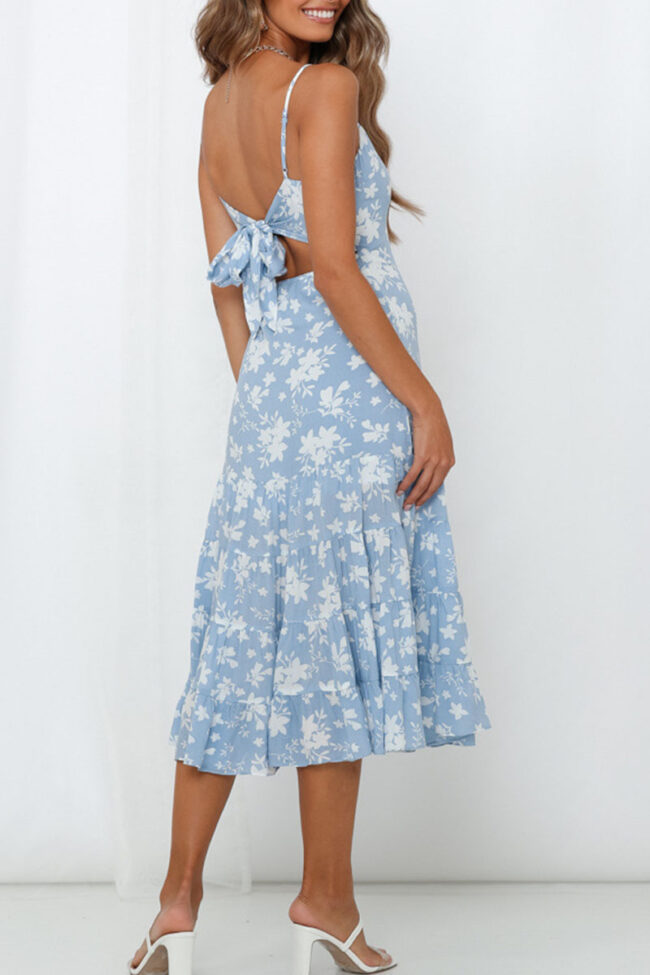 Fashion Sweet Print Backless Spaghetti Strap A Line Dresses