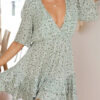 Casual Print Bandage Split Joint Flounce V Neck Printed Dress