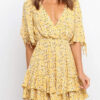 Casual Print Bandage Split Joint Flounce V Neck Printed Dress