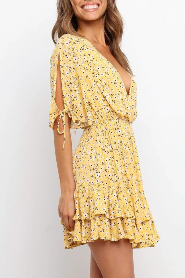 Casual Print Bandage Split Joint Flounce V Neck Printed Dress