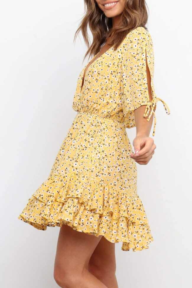 Casual Print Bandage Split Joint Flounce V Neck Printed Dress