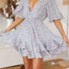 Casual Print Bandage Split Joint Flounce V Neck Printed Dress